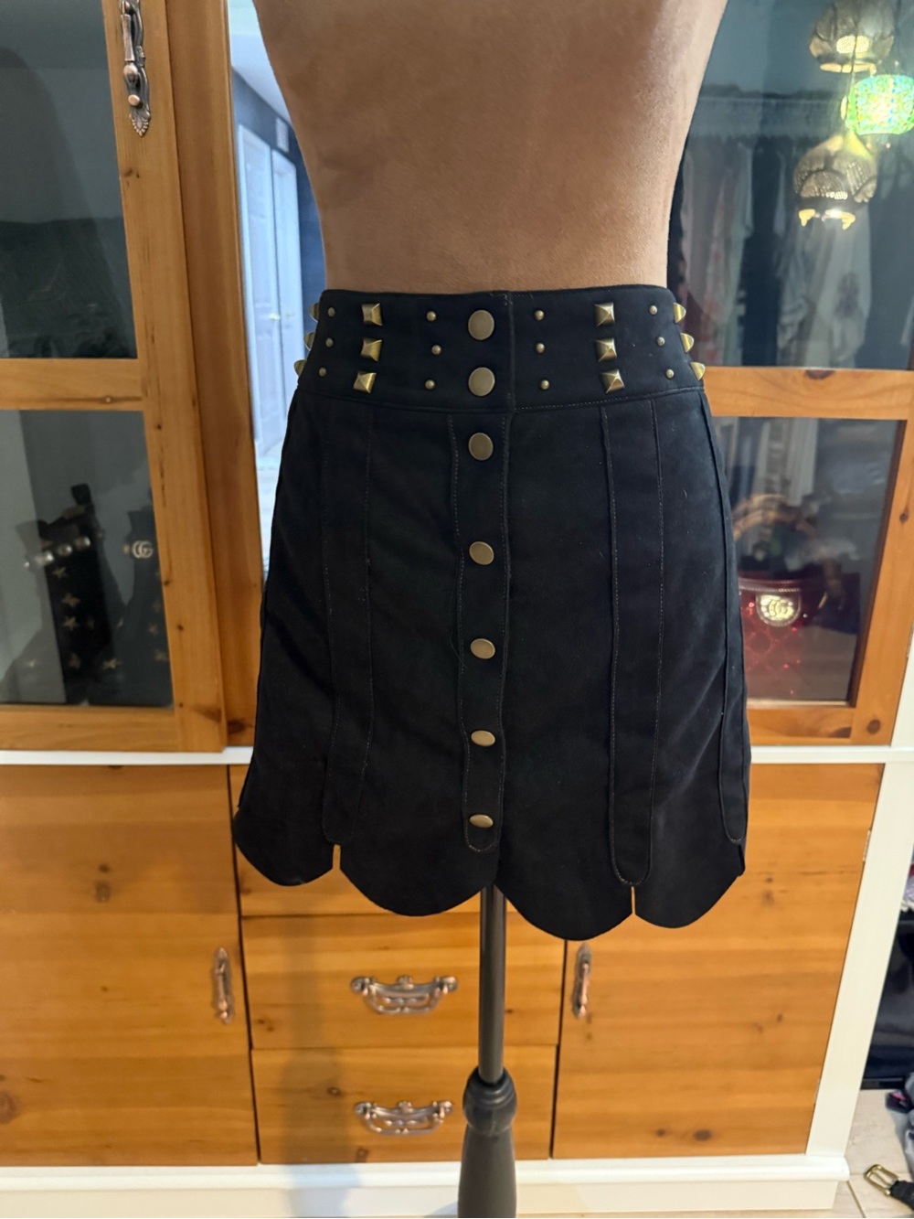 Faux Suede Black Studded High-Waist Scalloped Mini Skirt